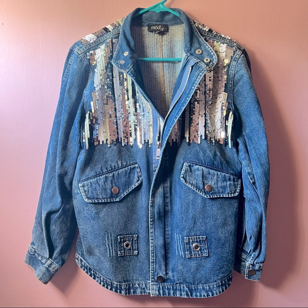 🆕Size S Sequin Denim Jean Jacket with Zipper Front